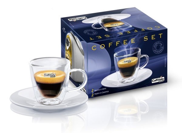 Glasses series Caffitaly set of 2 glass cups with ceramic saucers for espresso coffee - Blu Caffe.